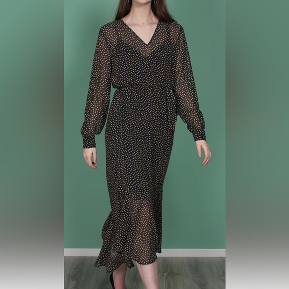 Just Female Dress Tyler Maxi Long Sleeve in black and green Polka Dot Pr… - Picture 1 of 16